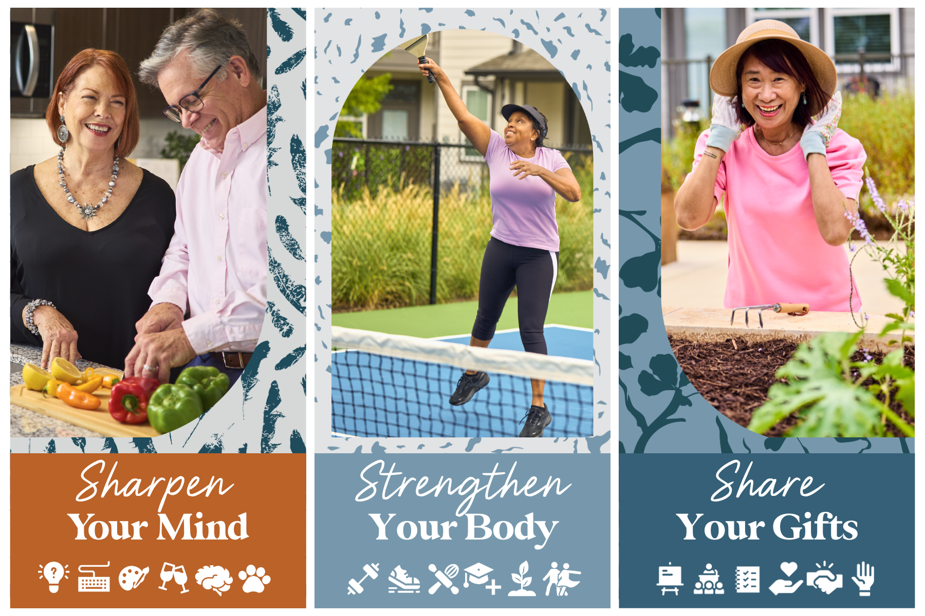 The essence of exceptional living a collage of images of people cooking, gardening, and playing pickleball