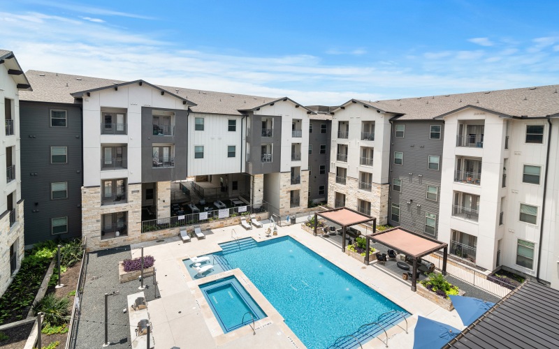 overhead photo of pool and courtyard